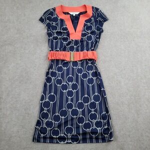 Trina Turk Dress Womens Size 2 Blue Geometric Sheath Knee Length Belted‎ Silk